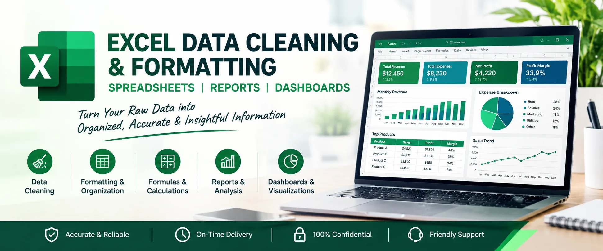 I will clean, format and create professional Excel spreadsheets and dashboards.